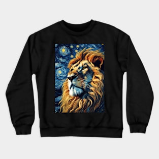 Lion Animal Portrait Painting in a Van Gogh Starry Night Art Style Crewneck Sweatshirt